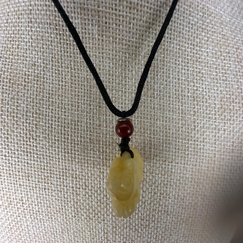 Yellow Jade Rat Carving Pendant Necklace on Black Adjustable Rope - Picture 13 of 16